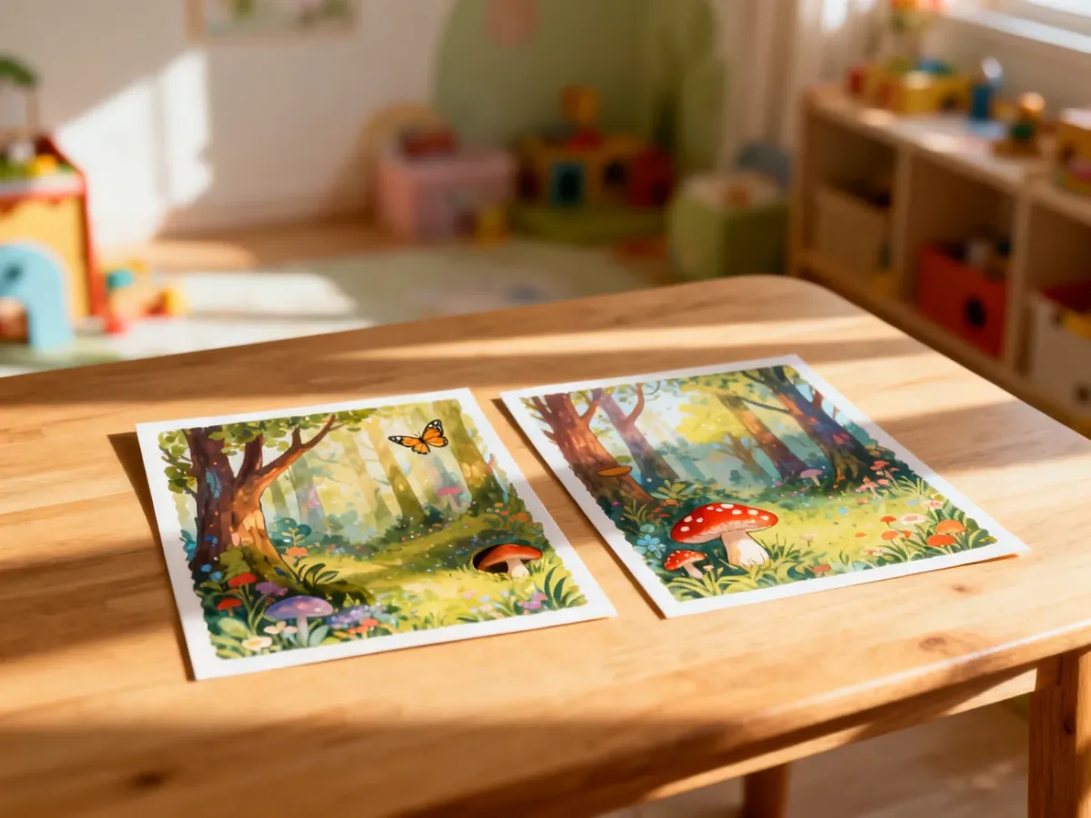 Dwie kolorowe ilustracje magicznego lasu obok siebie, zachęcające do zabawy w szukanie różnic.
