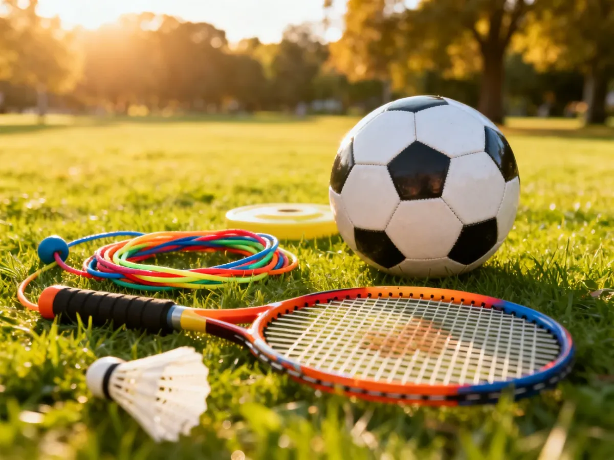 Kolorowy sprzęt sportowy, w tym piłka i rakietka, rozłożony na zielonej trawie w słonecznym parku.