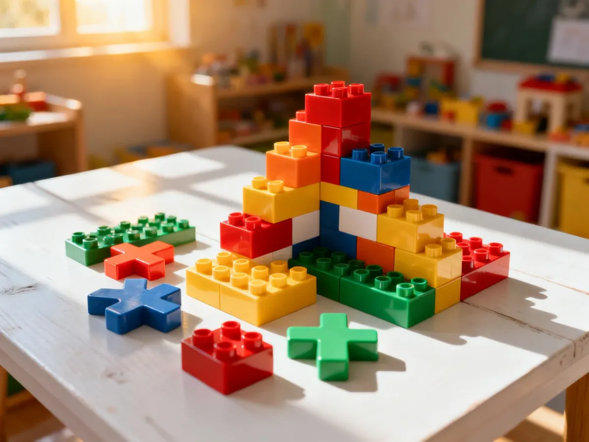 Kolorowe klocki ułożone w geometryczne kształty na białym stole, ilustrujące naukę matematyki poprzez zabawę.