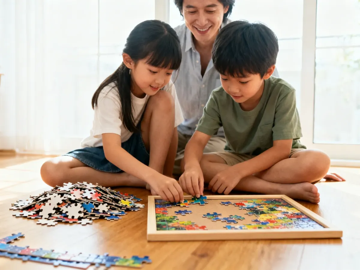Dzieci dzielące się zadaniami podczas wspólnego układania puzzli