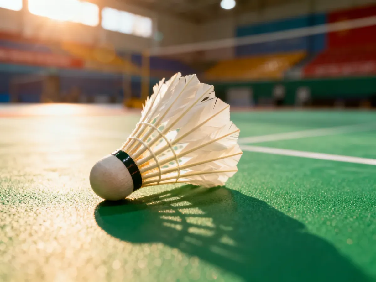 Profesjonalna lotka do badmintona spoczywająca na syntetycznej nawierzchni kortu w słonecznej hali sportowej.