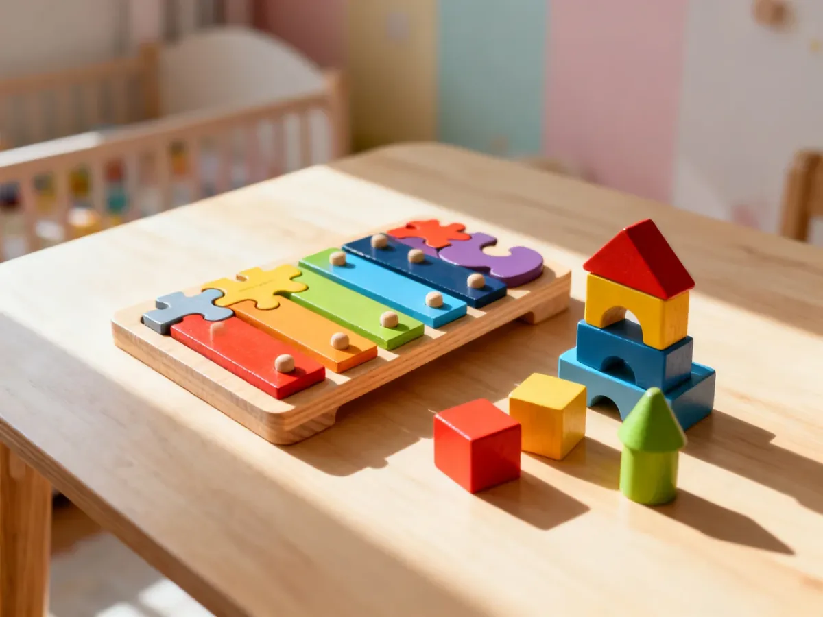 Kolorowe drewniane klocki i puzzle edukacyjne na jasnym stole, zachęcające do kreatywnej zabawy wspierającej rozwój dziecka.