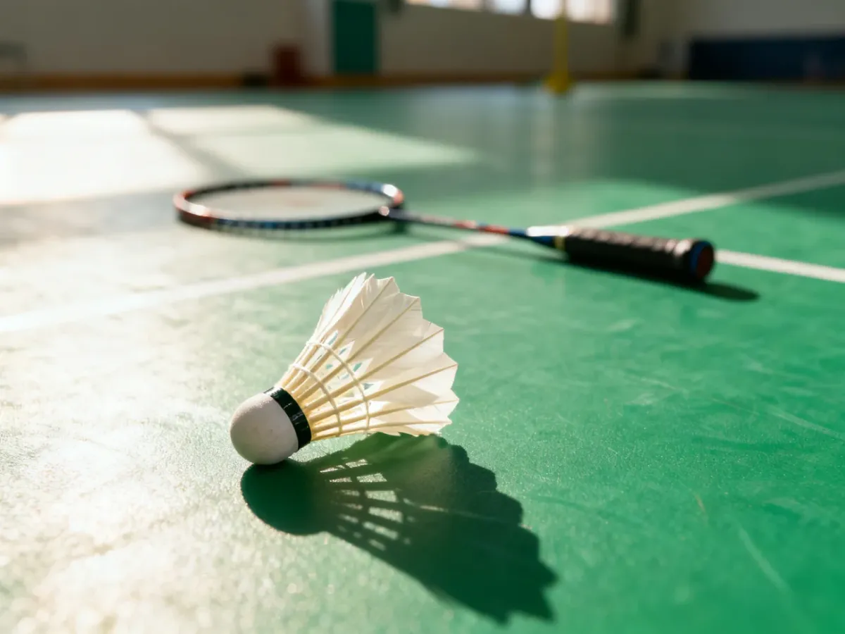 Lotka do badmintona leżąca na zielonym korcie sportowym, obok której znajduje się rakieta gotowa do gry.
