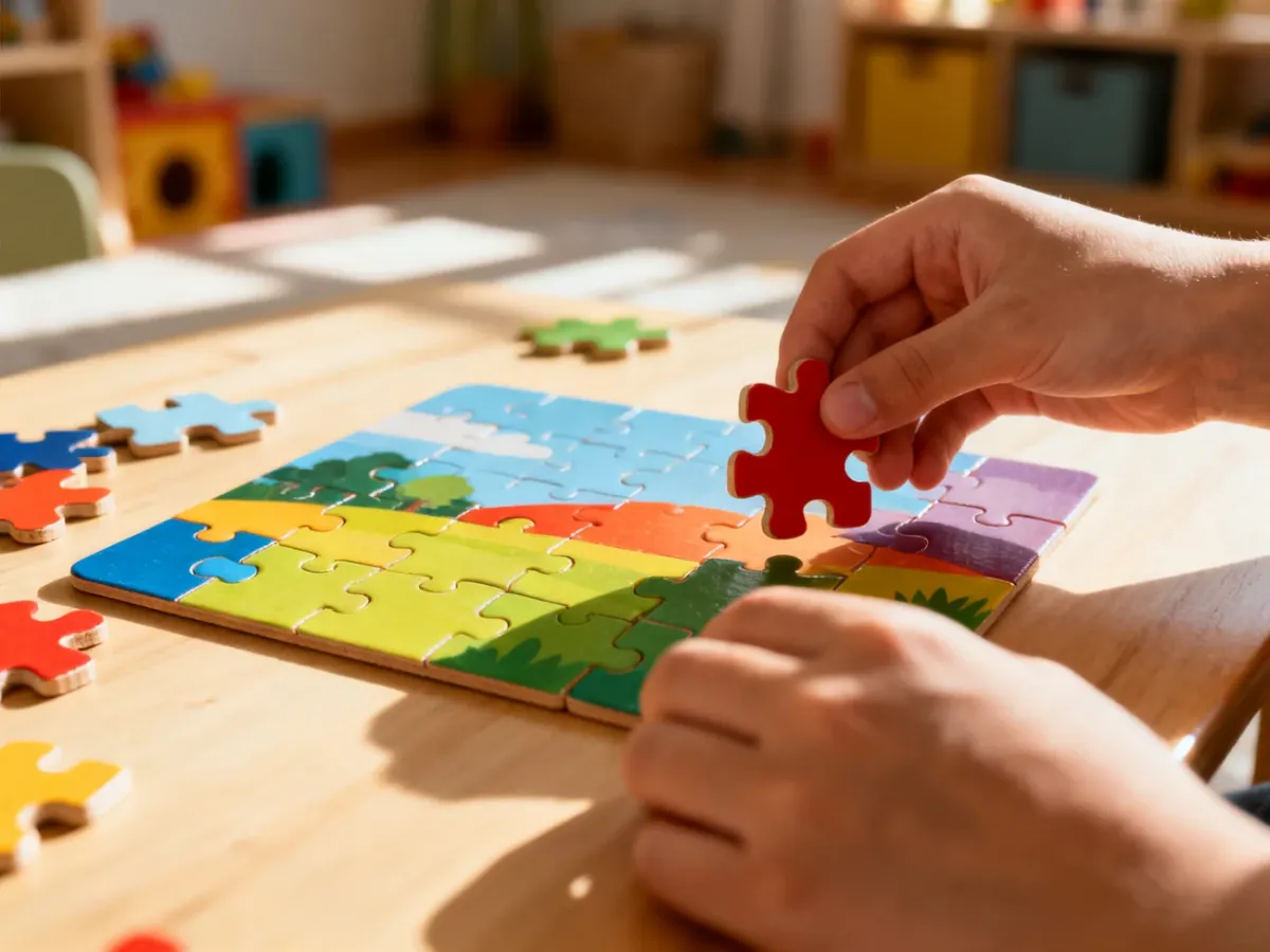 Dziecięce ręce układają kolorowe drewniane puzzle na stole, co wspiera rozwój umiejętności manualnych i logicznego myślenia.