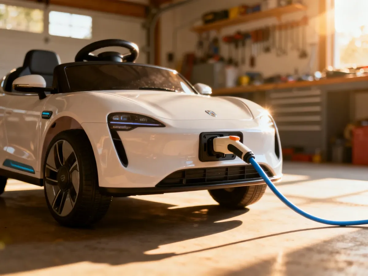 Nowoczesny samochodzik elektryczny dla dziecka podłączony do ładowarki w przydomowym garażu.
