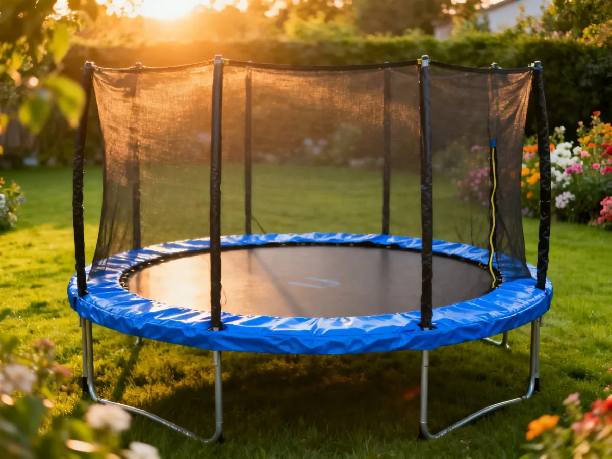 Okrągła trampolina ogrodowa z siatką zabezpieczającą i niebieską matą, ustawiona w słonecznym, zielonym ogrodzie.