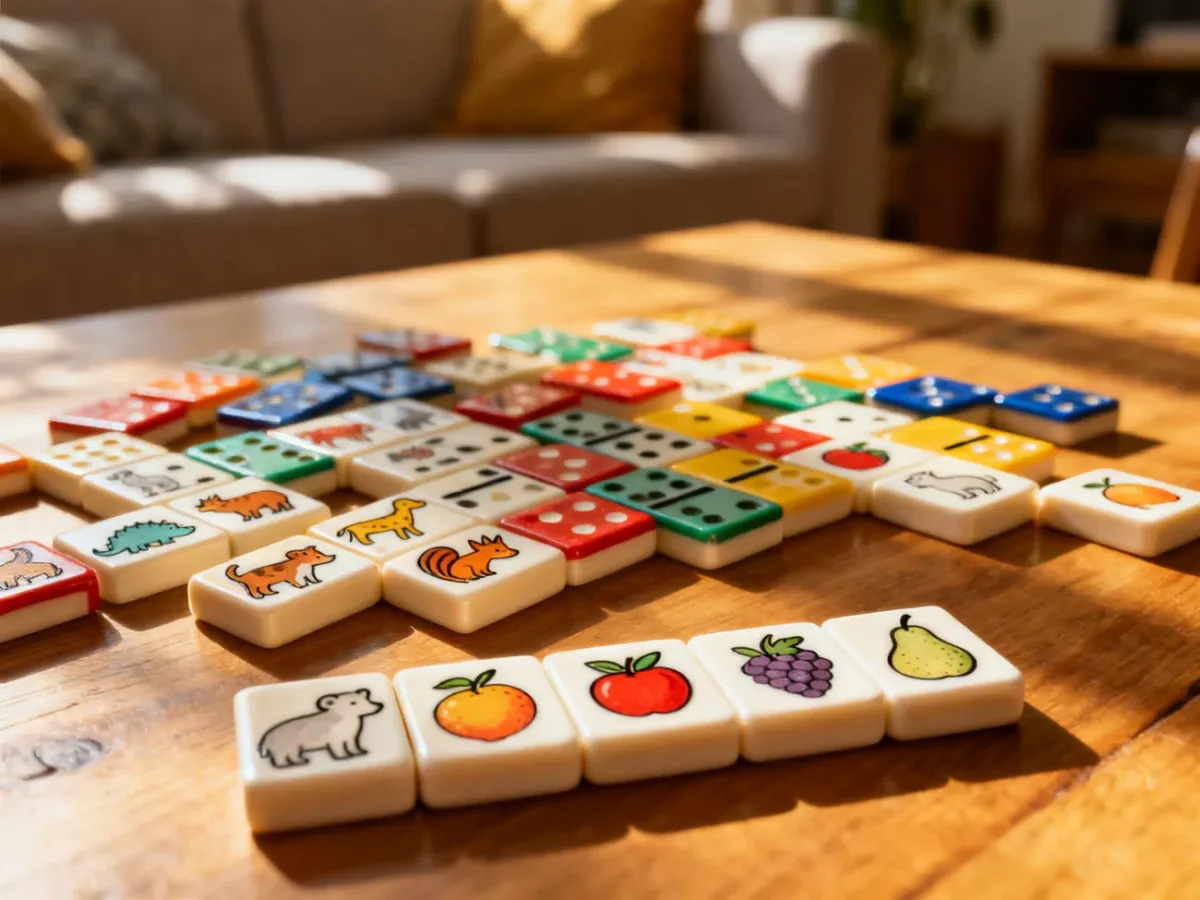 Kolorowe klocki domino z obrazkami zwierząt i owoców rozłożone na drewnianym stole.