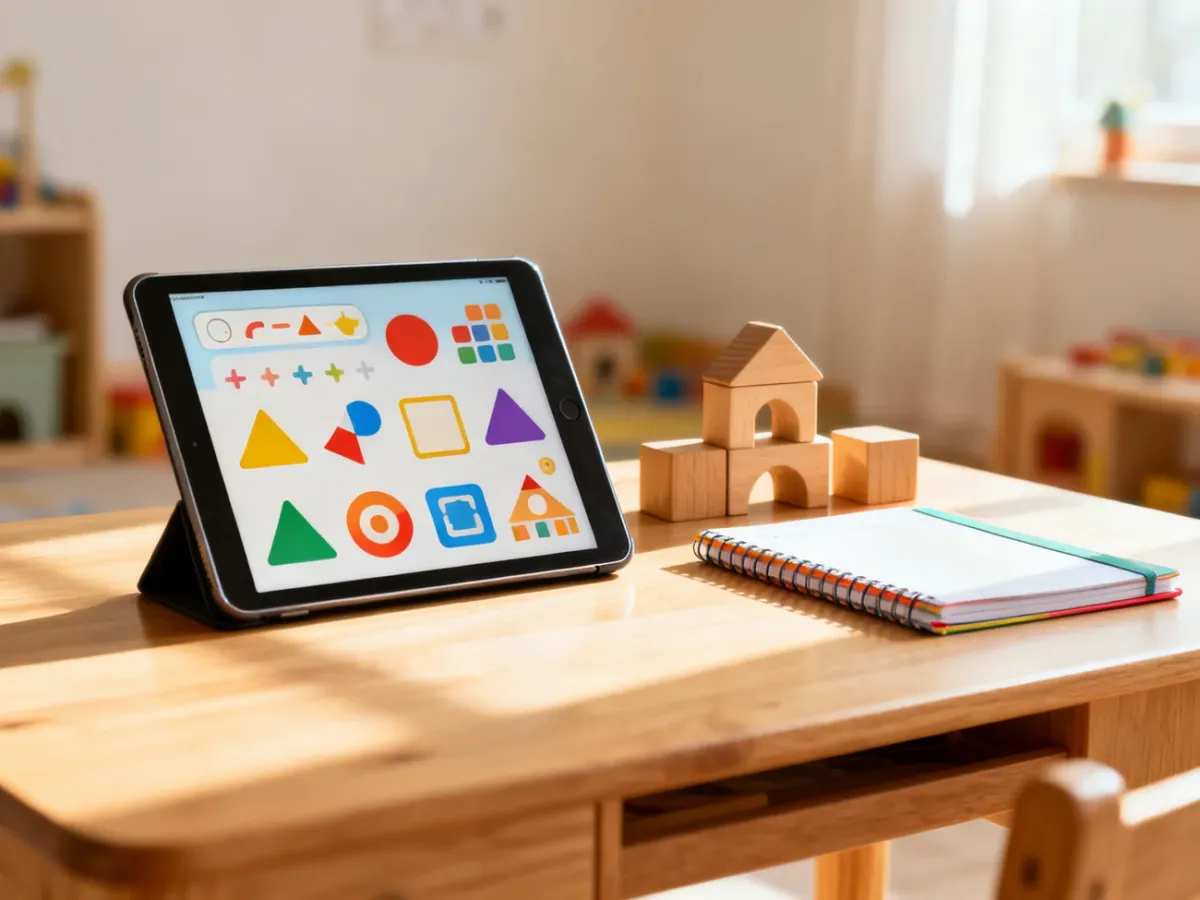 Nowoczesny tablet edukacyjny z kolorowymi ikonami na ekranie, leżący na biurku obok drewnianych klocków i zeszytu.