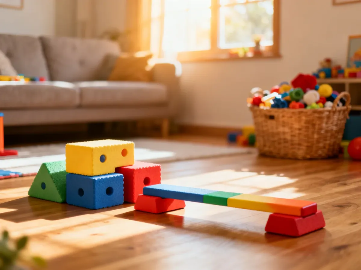 Kolorowy pokój dzienny z piankowymi klockami i równoważnią, zachęcający dzieci do aktywnej zabawy w domu.