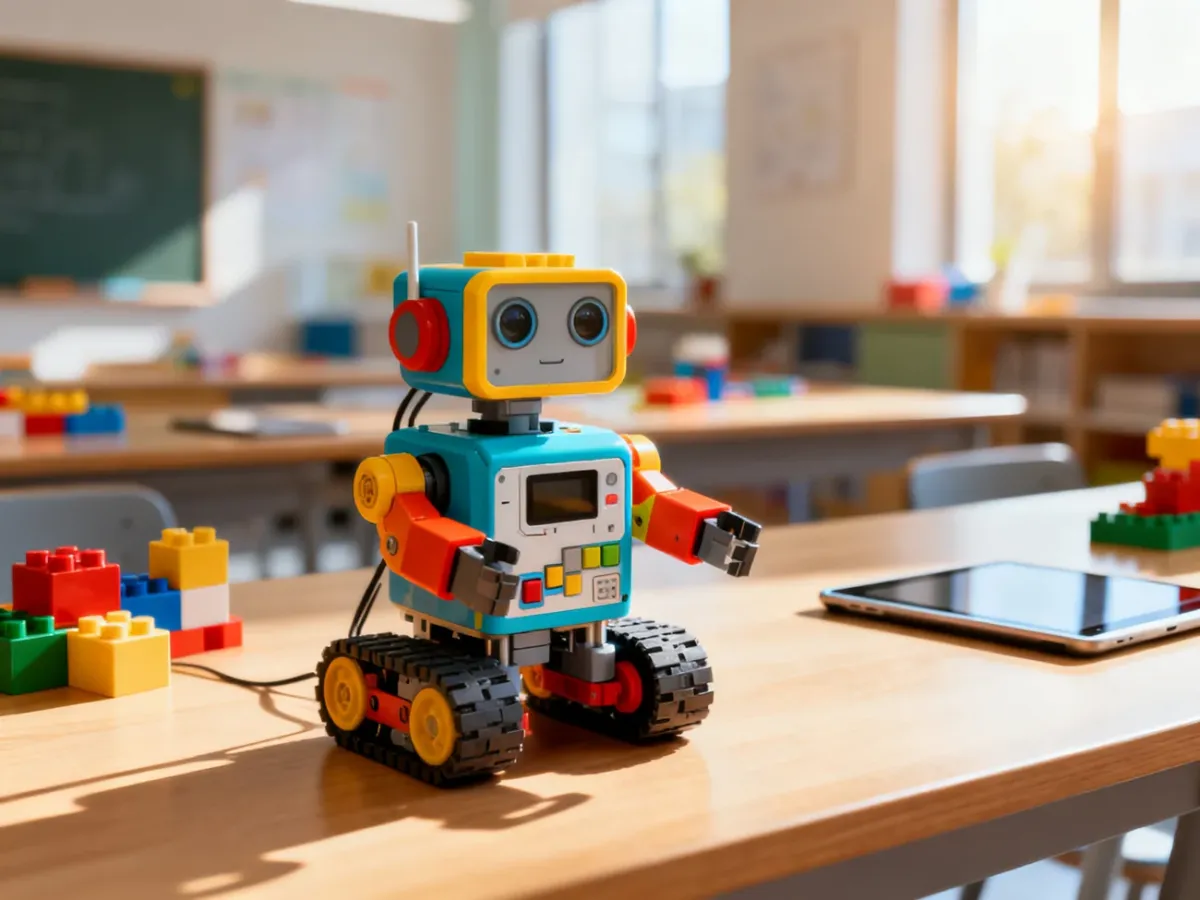 Kolorowy robot edukacyjny na drewnianym biurku w sali lekcyjnej, zachęcający dzieci do nauki programowania.