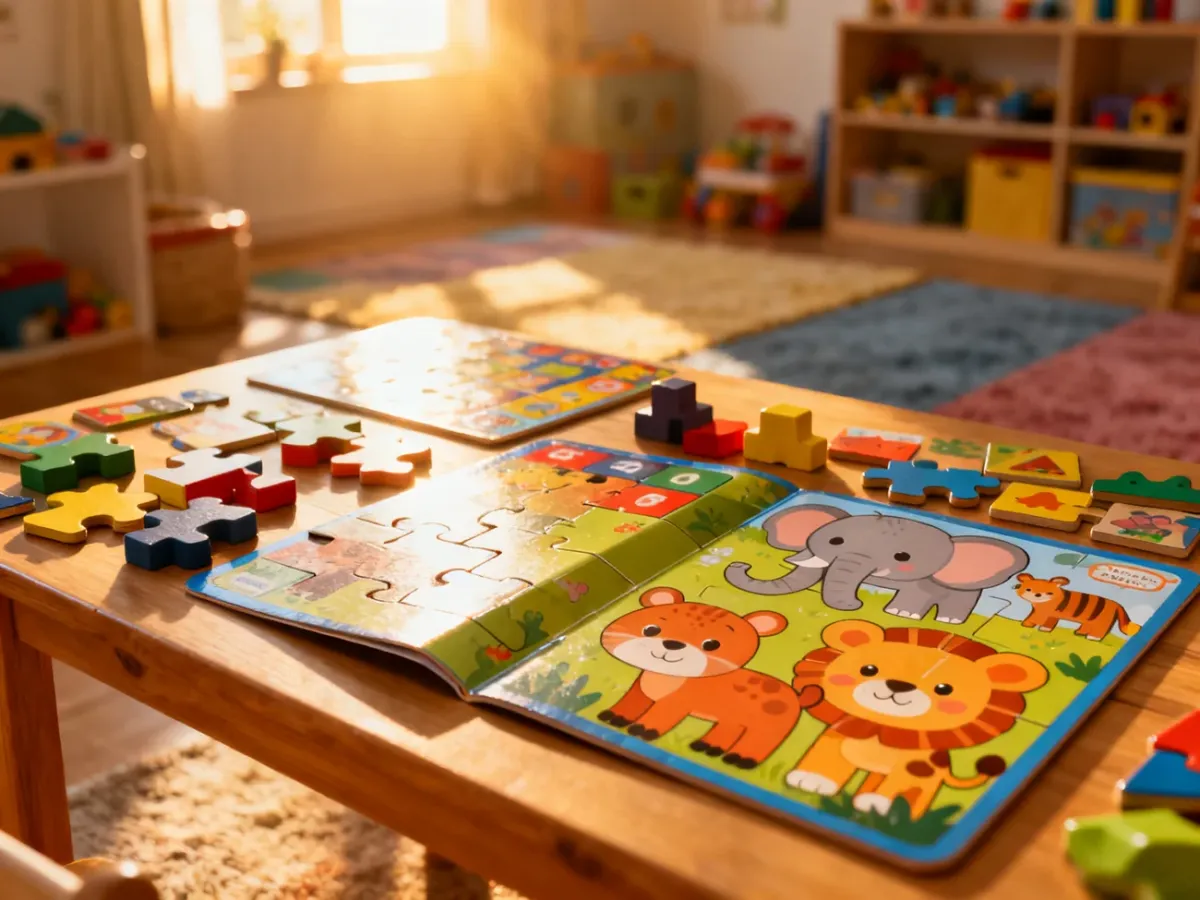 Kolorowe gry planszowe i układanki edukacyjne na drewnianym stole w przytulnym pokoju dziecięcym.