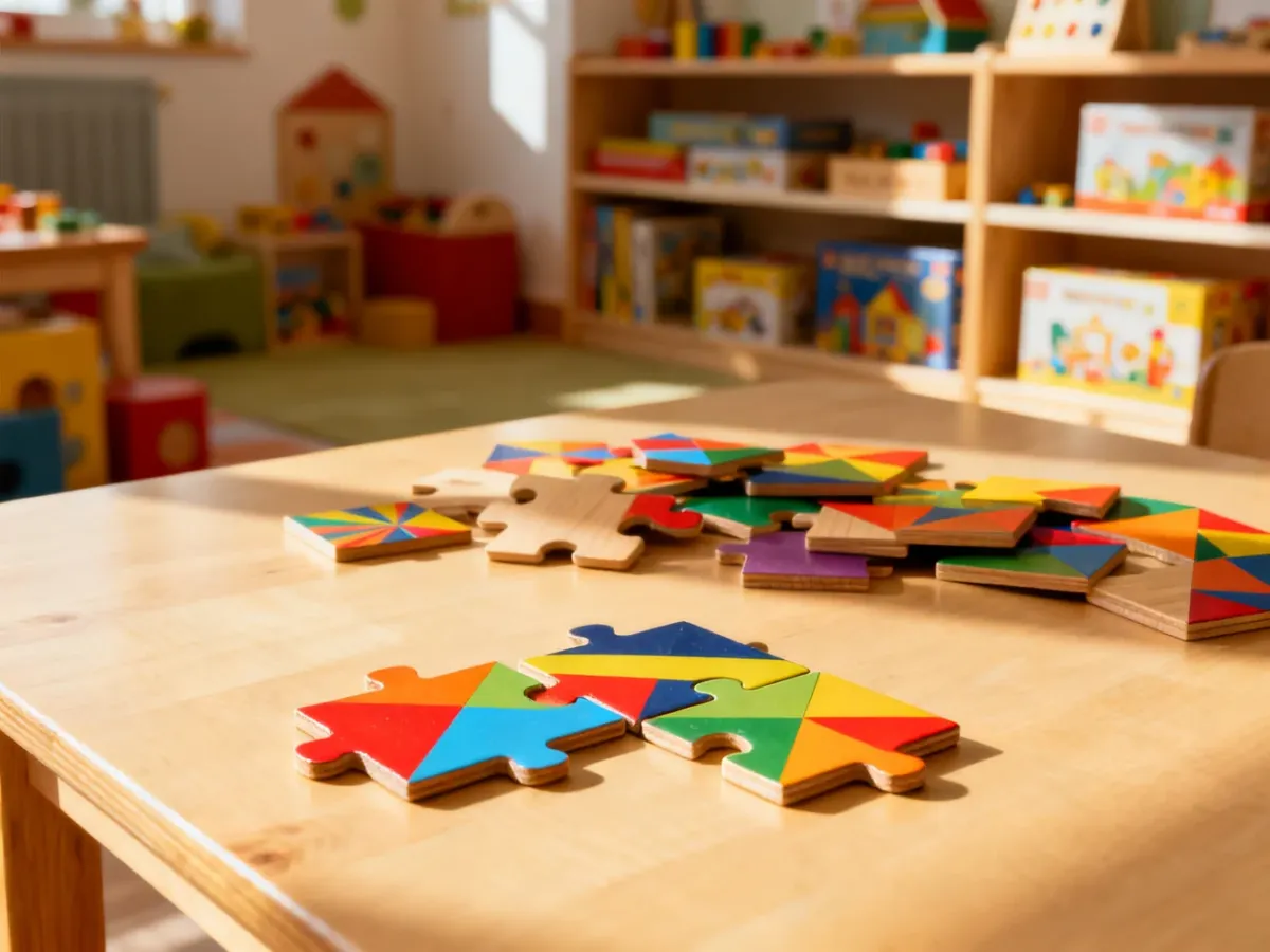 Kolorowe drewniane puzzle na stole w przytulnym pokoju zabaw, zachęcające dzieci do rozwijającej zabawy.