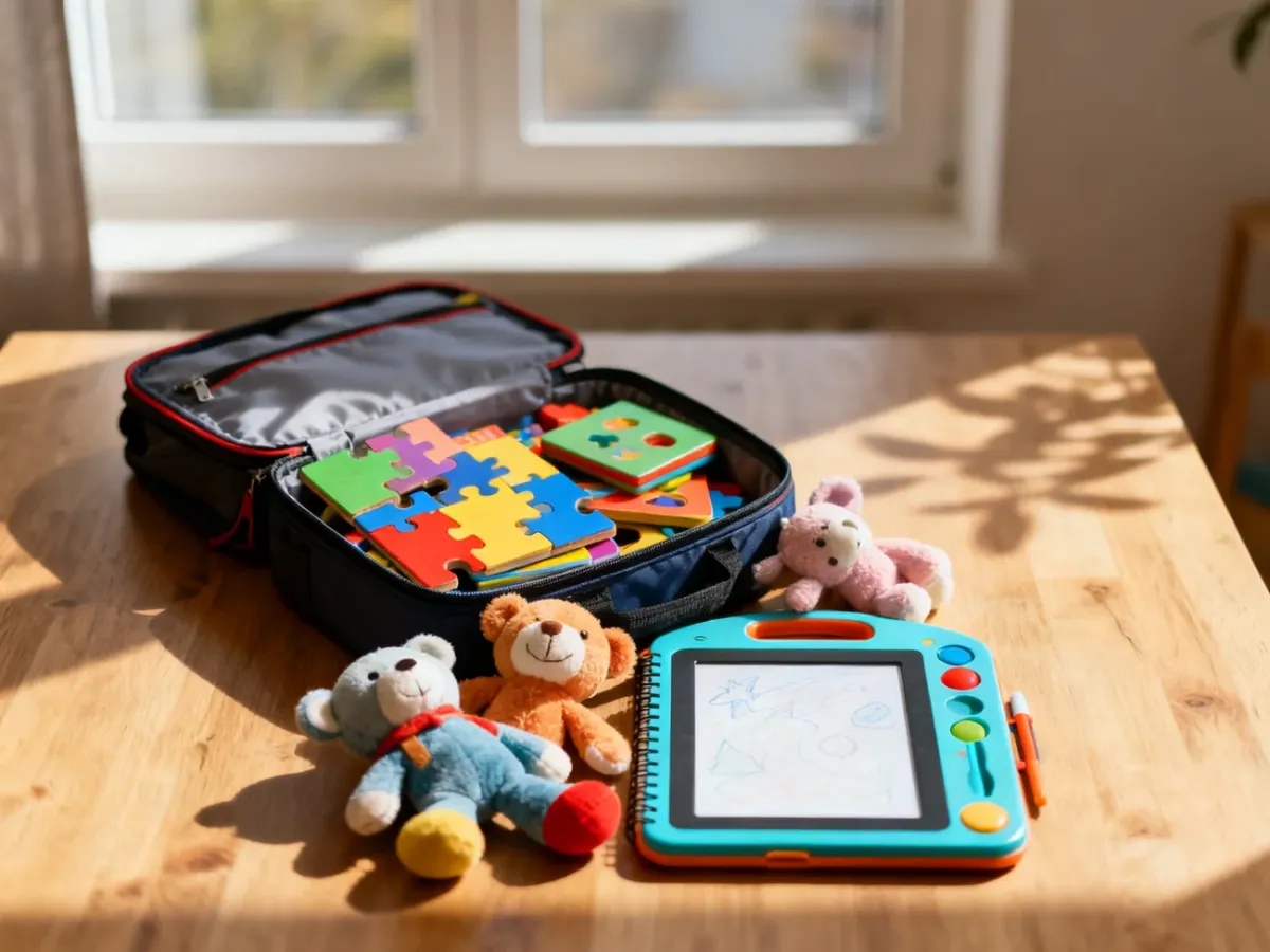Zestaw zabawek podróżnych dla dziecka, w tym puzzle, maskotki i tablet do rysowania, przygotowany do spakowania.