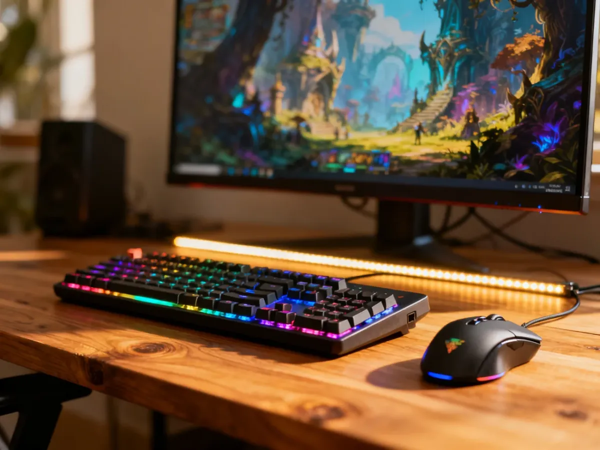 Nowoczesne stanowisko gamingowe z podświetlaną klawiaturą i monitorem wyświetlającym grę w klimacie fantasy.