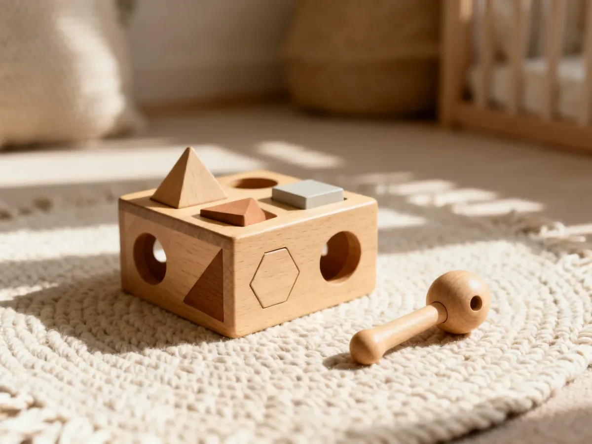 Drewniane zabawki Montessori, takie jak sorter i grzechotka, na miękkim dywanie w przytulnym, minimalistycznym pokoju dziecka.
