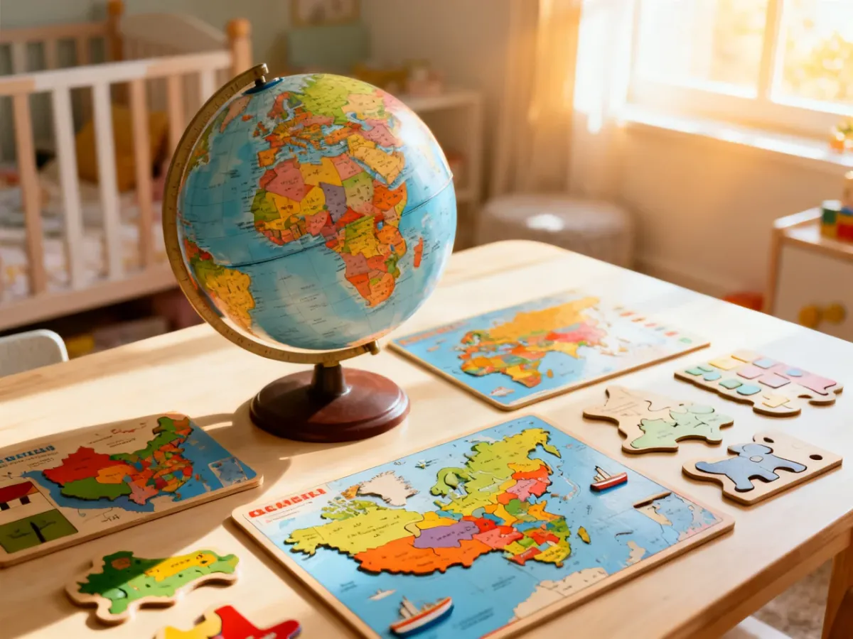 Kolorowy globus i drewniane puzzle z mapami świata na stole, zachęcające dzieci do nauki geografii poprzez zabawę.
