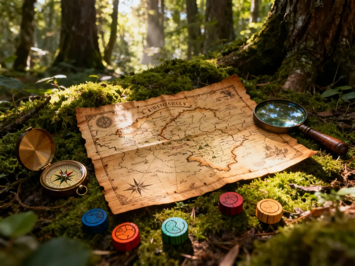 Mapa skarbów, kompas i lupa na leśnym mchu, zachęcające dzieci do rozpoczęcia przygody w terenie.