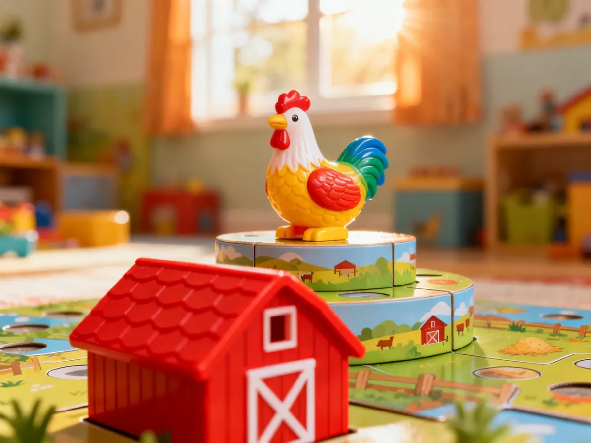 Kolorowa figurka kurczaka na planszy do gry Kiki Ricky w otoczeniu elementów farmy.