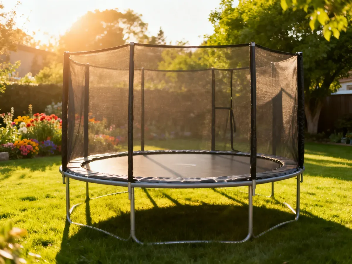 Nowoczesna trampolina ogrodowa z siatką zabezpieczającą, ustawiona na słonecznym trawniku w bezpiecznym ogrodzie.