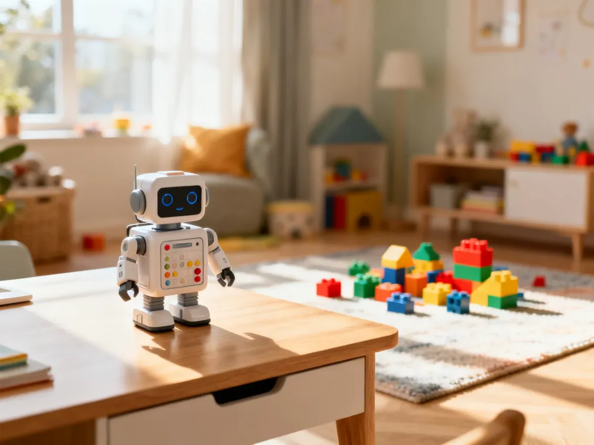 Edukacyjny robot na drewnianym biurku w przytulnym pokoju dziecięcym, zachęcający do nauki poprzez zabawę.
