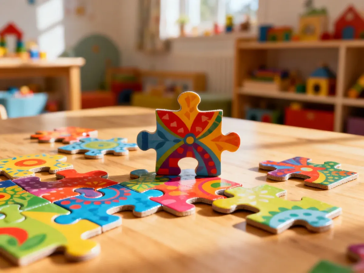 Kolorowe elementy puzzli układane na drewnianym stole, symbolizujące rozwijającą zabawę edukacyjną w przytulnym pokoju dziecięcym.
