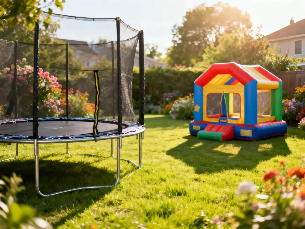 Trampolina ogrodowa z siatką oraz kolorowy dmuchany zamek stojące na zielonym trawniku w słonecznym ogrodzie.