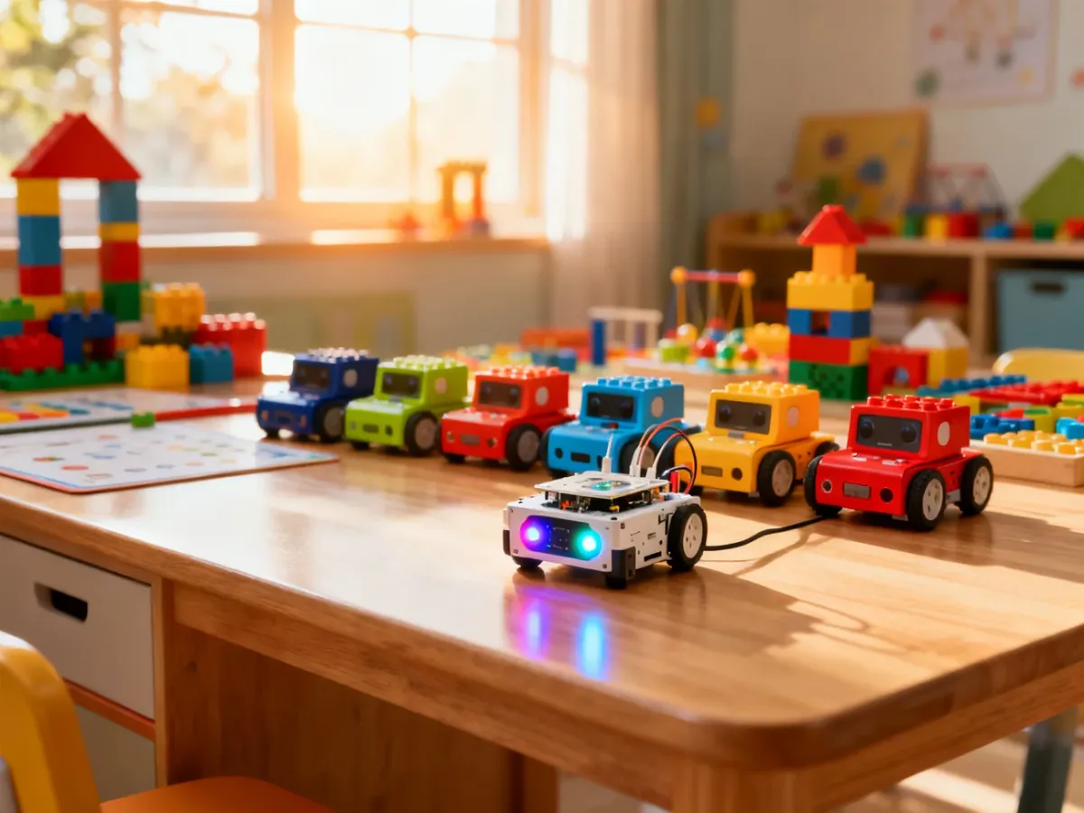 Kolorowe roboty edukacyjne do nauki kodowania ustawione na drewnianym biurku w pokoju dziecięcym.