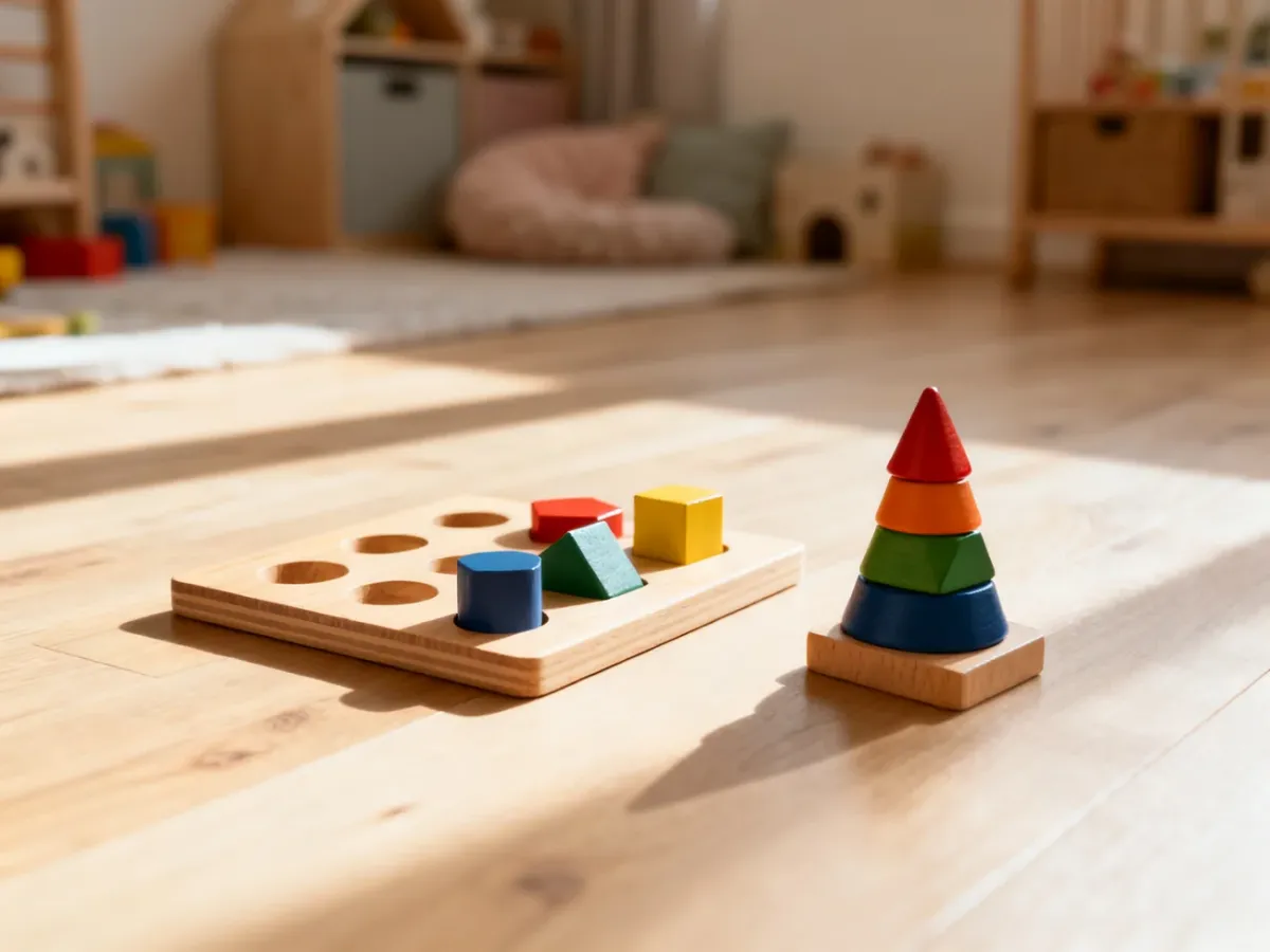 Drewniane zabawki edukacyjne Montessori w jasnym, przytulnym pokoju dziecięcym.