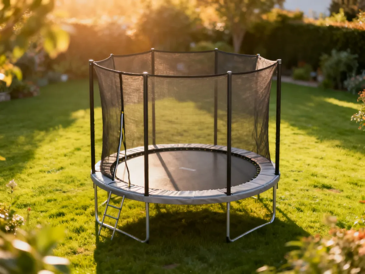 Duża trampolina z siatką zabezpieczającą ustawiona na zielonym trawniku w słonecznym ogrodzie.