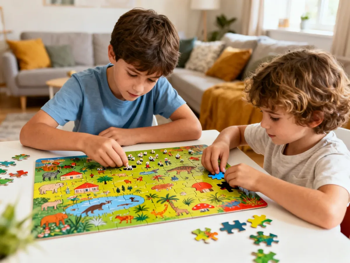 Rodzeństwo w różnym wieku wspólnie układa puzzle obserwacyjne