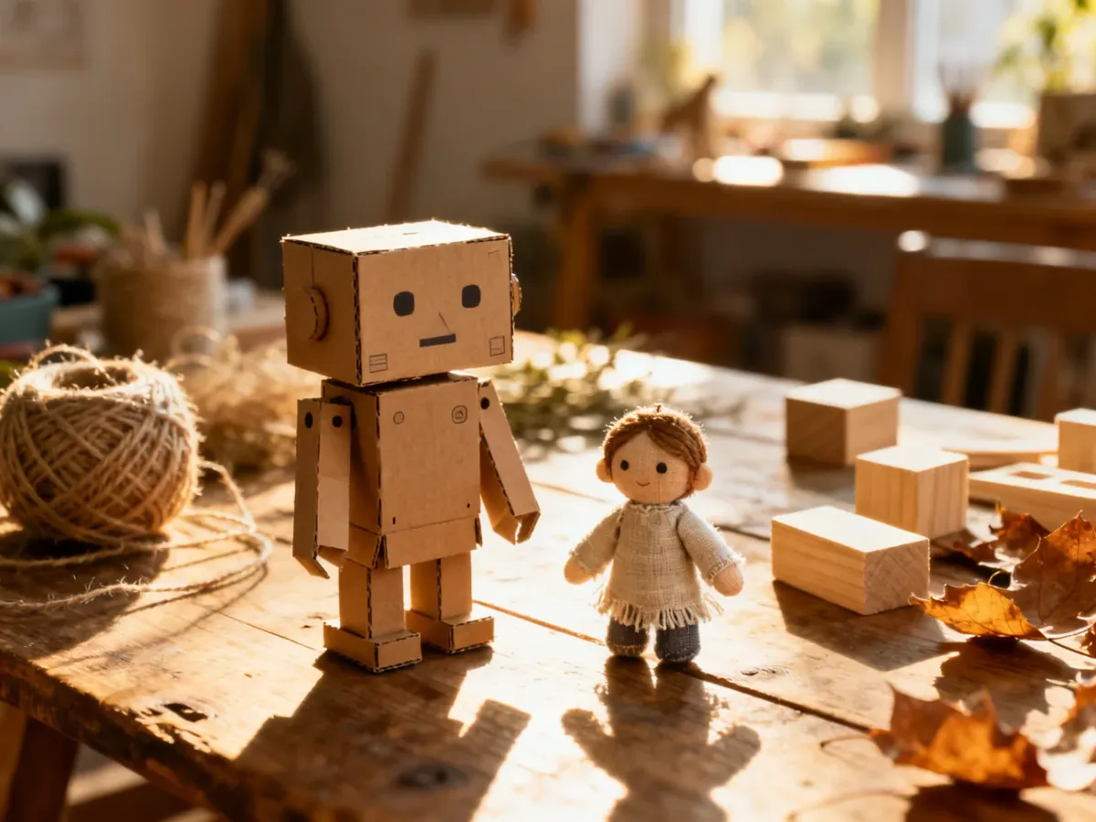 Ręcznie wykonany robot z kartonu i szmaciana lalka na drewnianym stole, prezentujące pomysły na ekologiczne zabawki DIY.