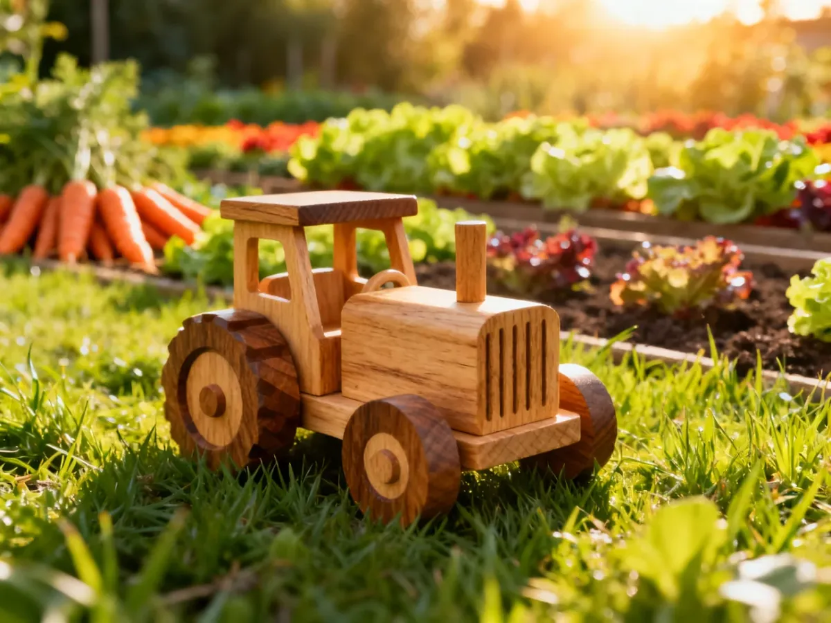 Mały drewniany traktor na zielonej trawie w słonecznym ogrodzie, nawiązujący do tematyki gier rolniczych dla dzieci.