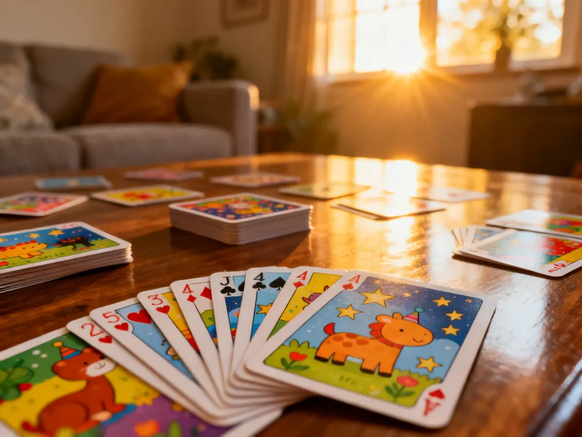 Kolorowa talia kart z ilustracjami zwierząt rozłożona na drewnianym stole w przytulnym, słonecznym pokoju.