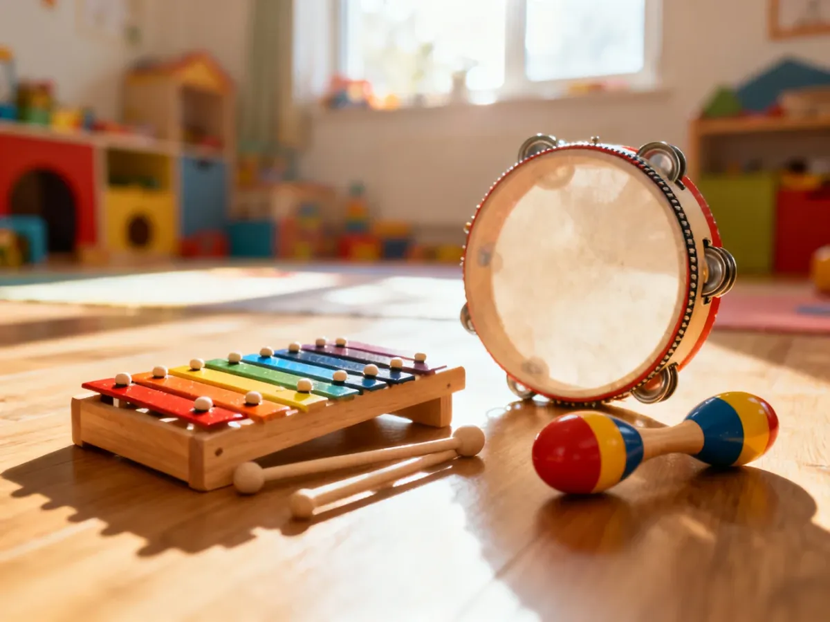 Kolorowe instrumenty muzyczne dla dzieci, takie jak ksylofon, tamburyn i marakasy, ułożone na drewnianej podłodze w pokoju zabaw.