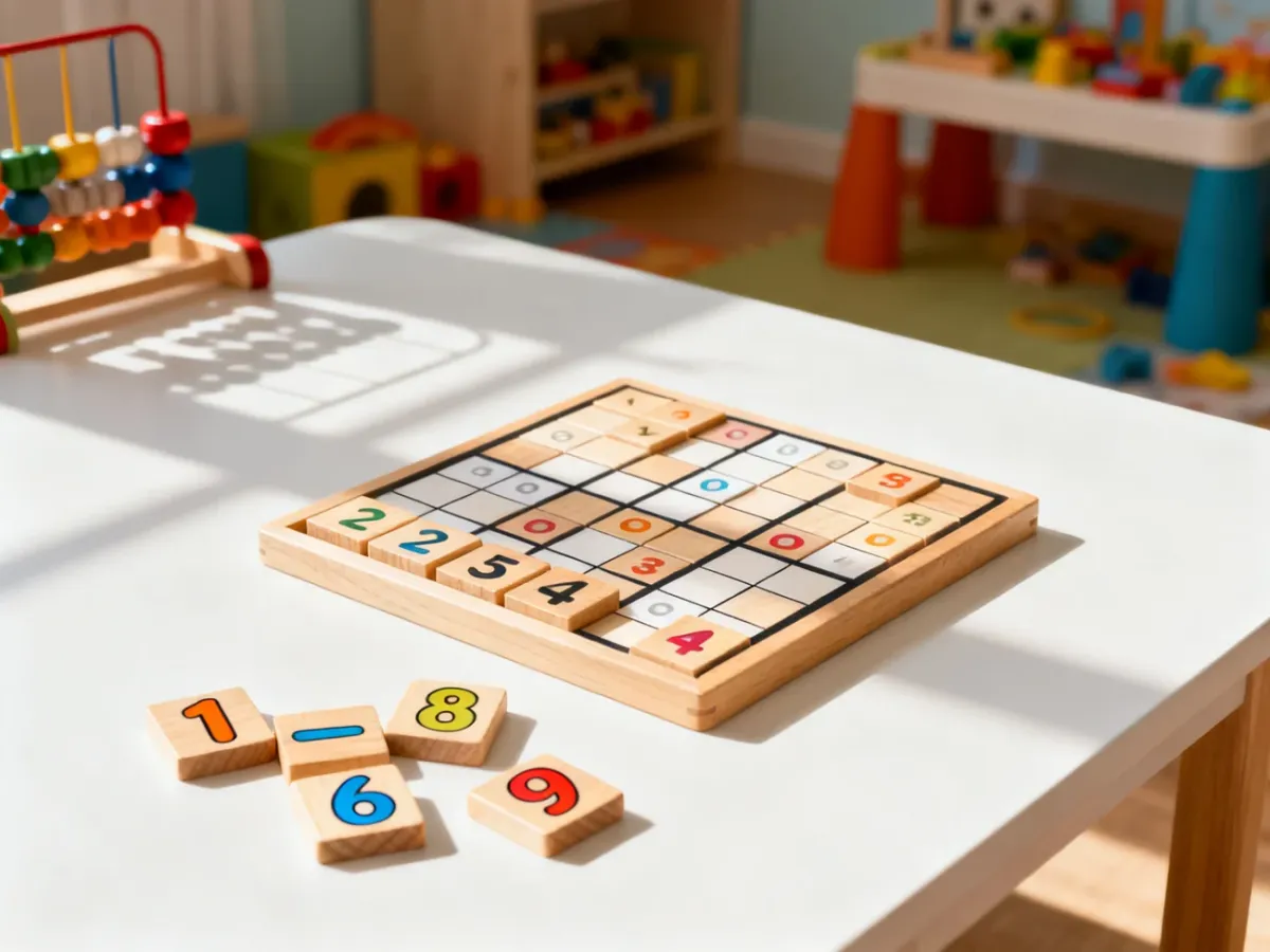 Kolorowa układanka Sudoku z drewnianych klocków na białym stole, zachęcająca dzieci do edukacyjnej zabawy.