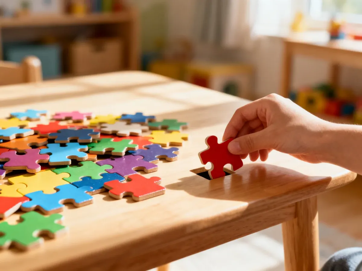 Kolorowe elementy drewnianych puzzli układane na stole w przytulnym, słonecznym pokoju dziecięcym.