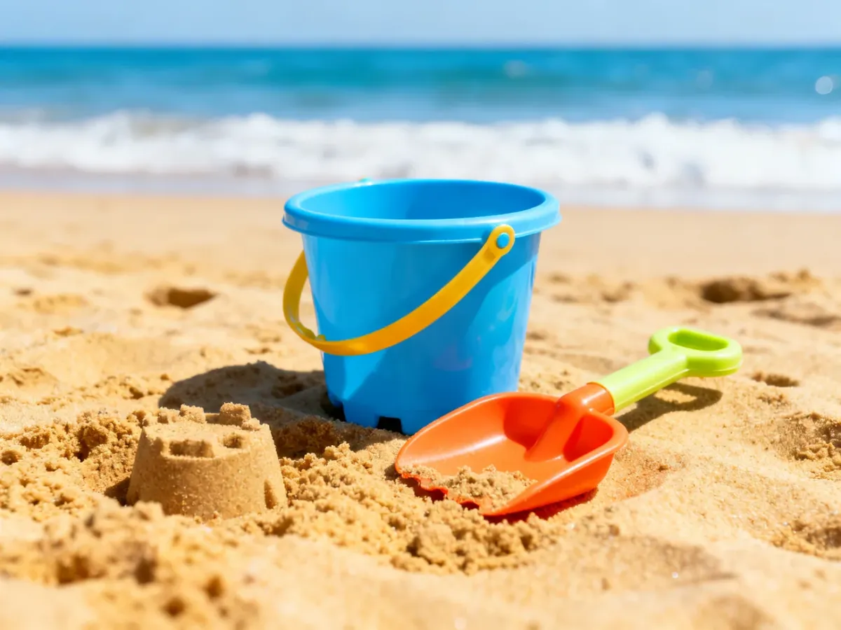 Wytrzymały zestaw zabawek plażowych z wiaderkiem i łopatką na złotym piasku przy brzegu morza.