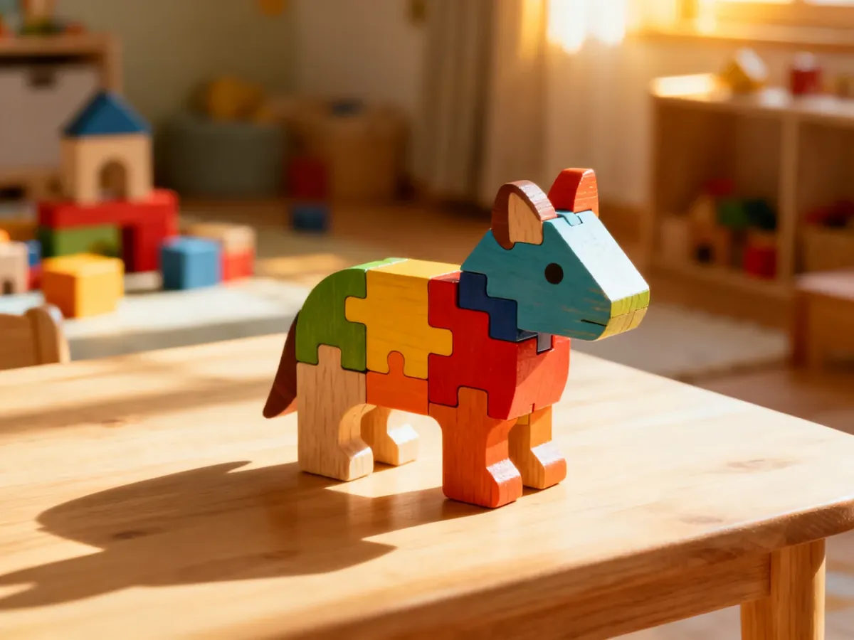 Częściowo złożona drewniana układanka 3D w kształcie zwierzątka na jasnym stole w przytulnym pokoju dziecięcym.