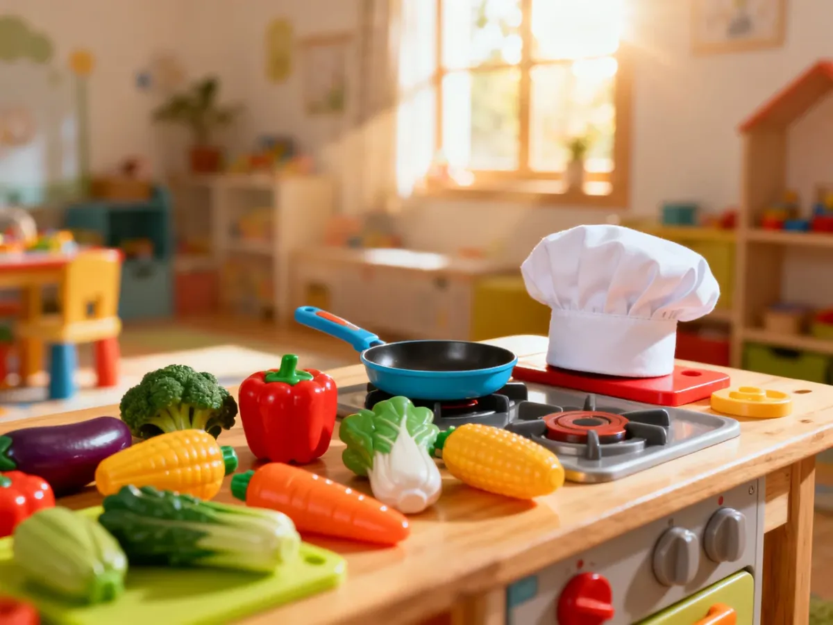 Kolorowy zestaw zabawek kuchennych z warzywami i czapką szefa kuchni, zachęcający dzieci do kreatywnej zabawy w gotowanie.