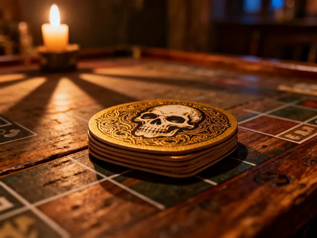 Stos ozdobnych podstawek z motywem czaszek na drewnianym stole, wprowadzający w klimat gry Skull przy nastrojowym świetle.