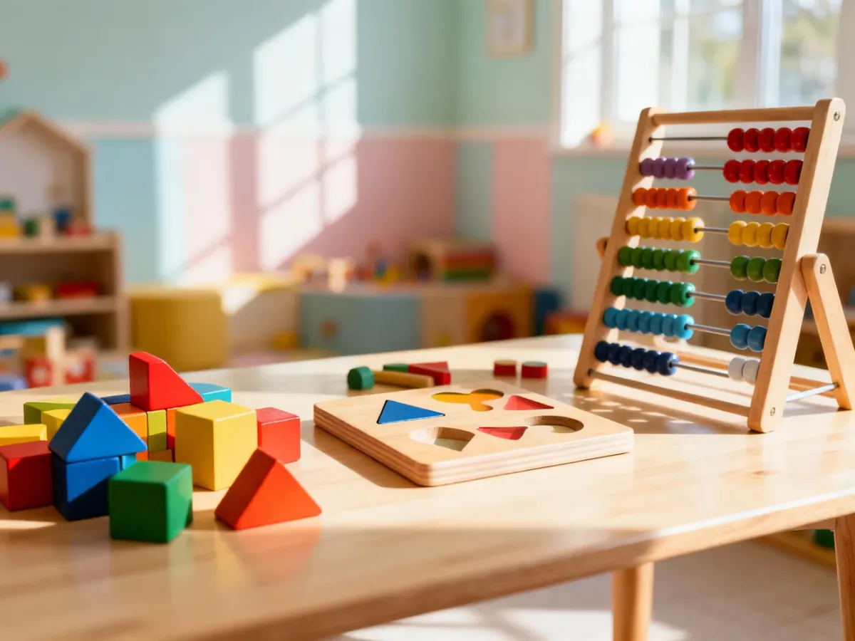 Kolorowe drewniane zabawki edukacyjne, klocki i liczydło na stole w jasnym pokoju dziecięcym.