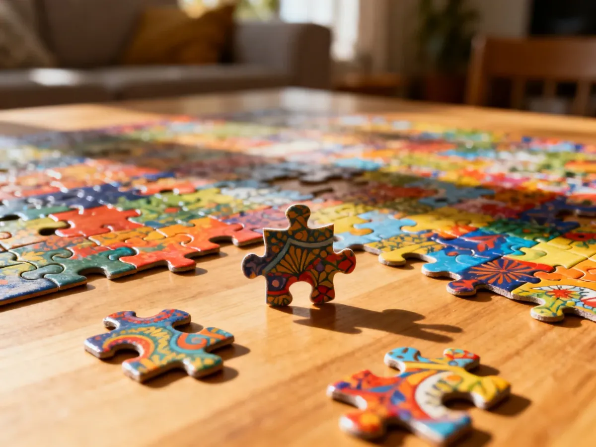 Częściowo ułożone kolorowe puzzle na drewnianym stole w słonecznym salonie.