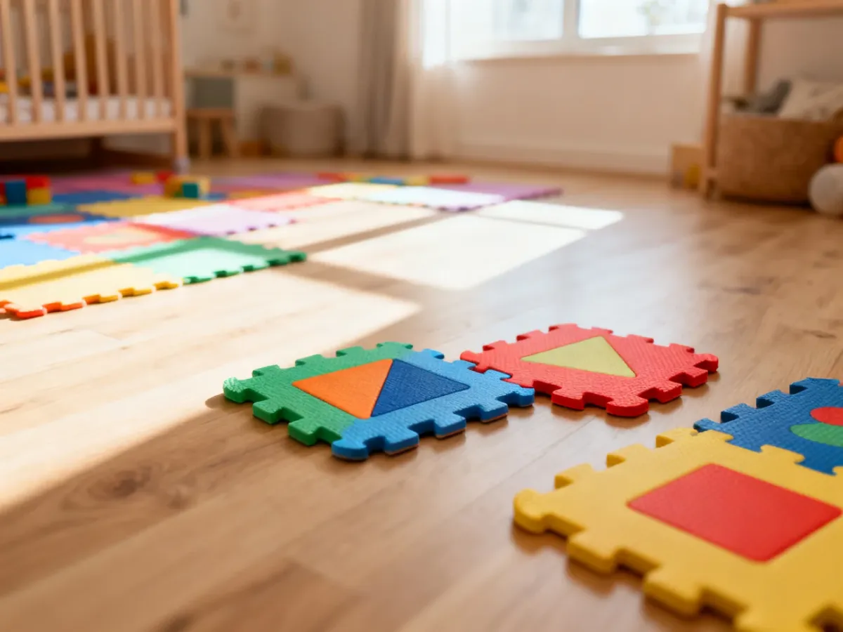 Kolorowe piankowe puzzle podłogowe rozłożone na jasnej drewnianej podłodze w przytulnym pokoju dziecięcym.