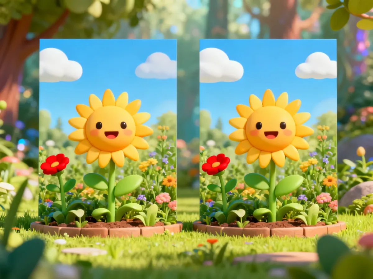 Dwie kolorowe ilustracje ogrodu z subtelnymi różnicami, służące jako ćwiczenie spostrzegawczości dla dzieci.