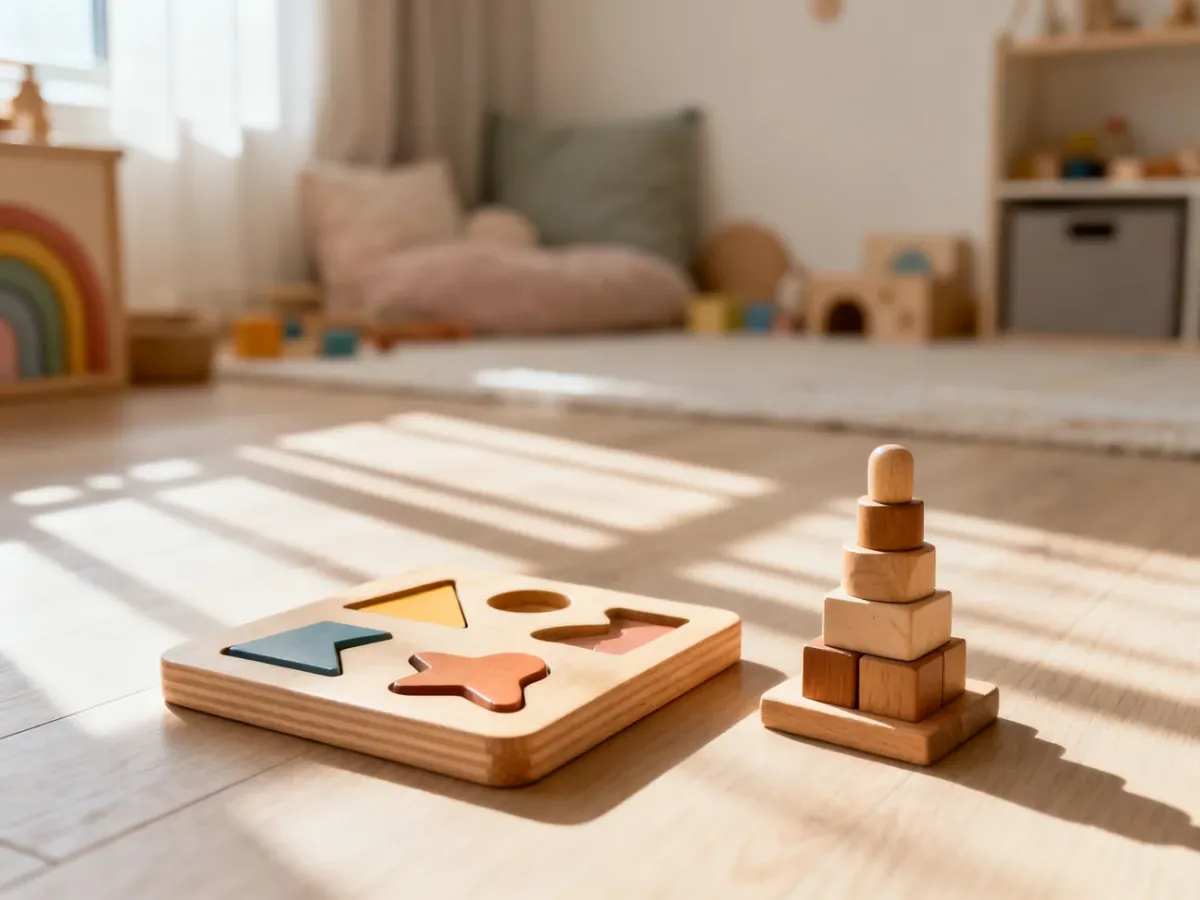 Drewniane zabawki edukacyjne Montessori, w tym układanki i klocki, starannie ułożone na jasnej podłodze w przytulnym pokoju.