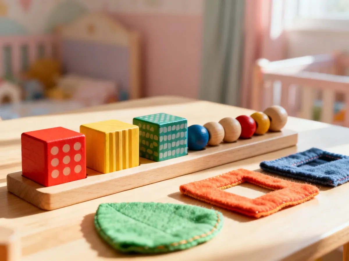 Kolorowe drewniane zabawki sensoryczne Montessori ułożone na jasnym stole, wspierające rozwój dwulatka.