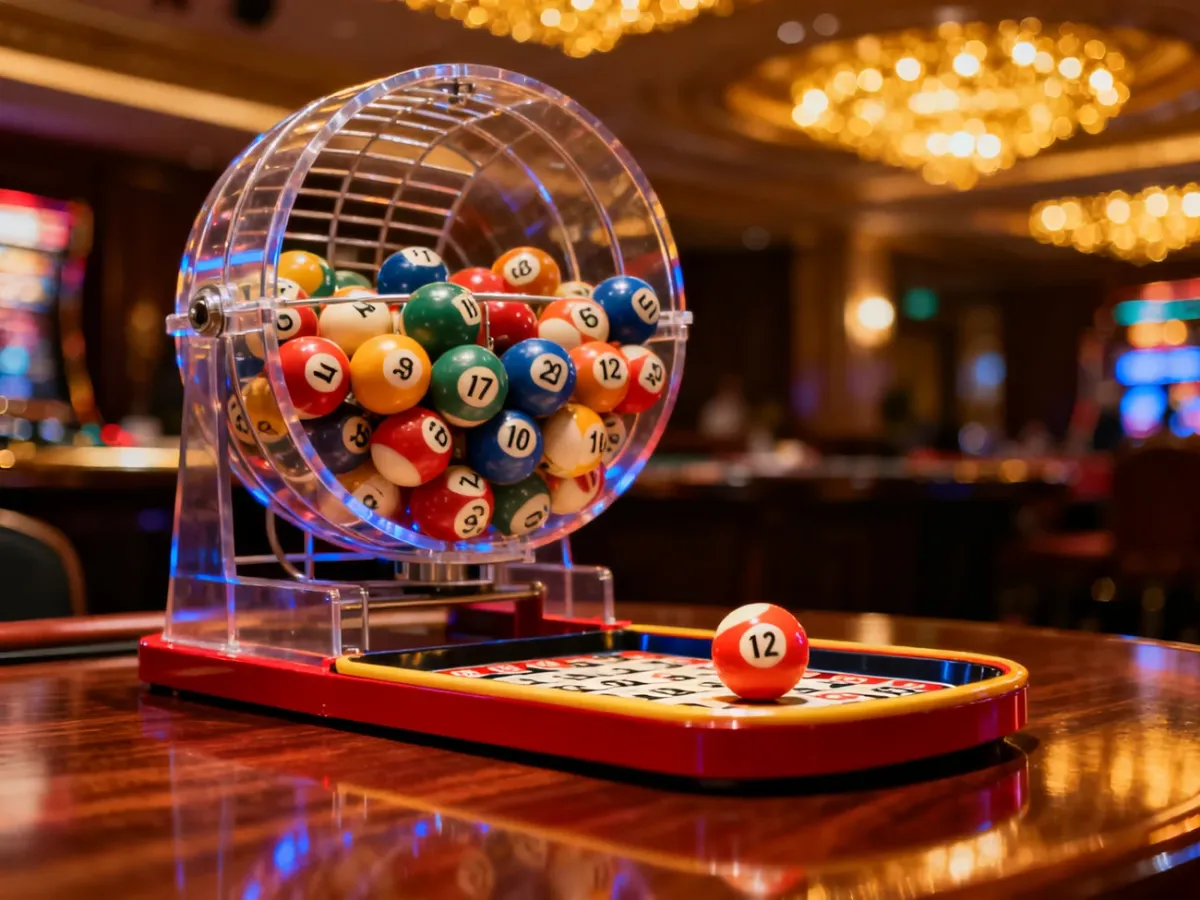 Profesjonalna maszyna do losowania kulek bingo na drewnianym stole w eleganckim kasynie.
