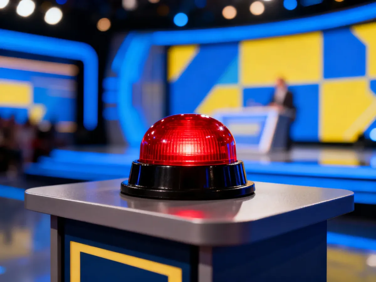Podium z dużym, podświetlanym czerwonym przyciskiem w studiu telewizyjnym, gotowe do rozpoczęcia rundy Familiady.