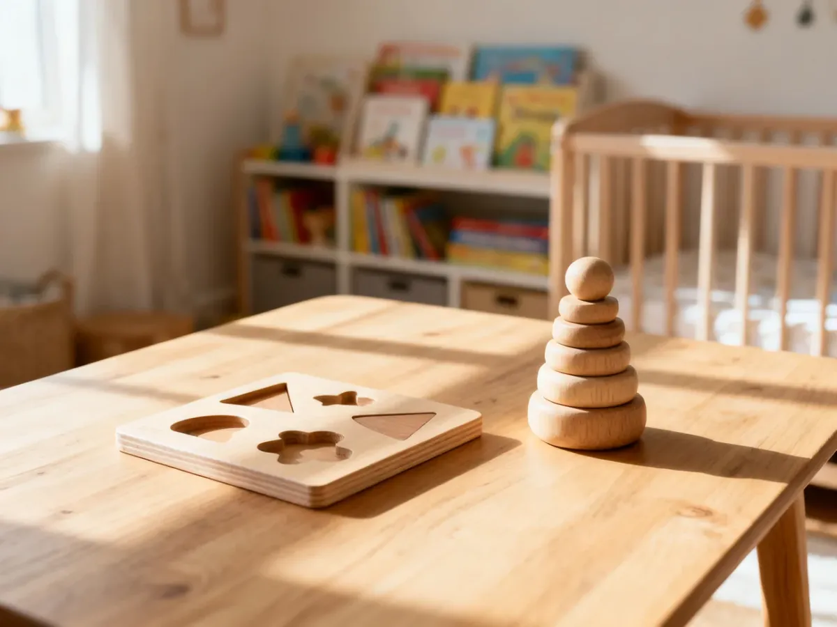 Drewniane zabawki edukacyjne Montessori starannie ułożone na jasnym stole w przytulnym, słonecznym pokoju dziecięcym.