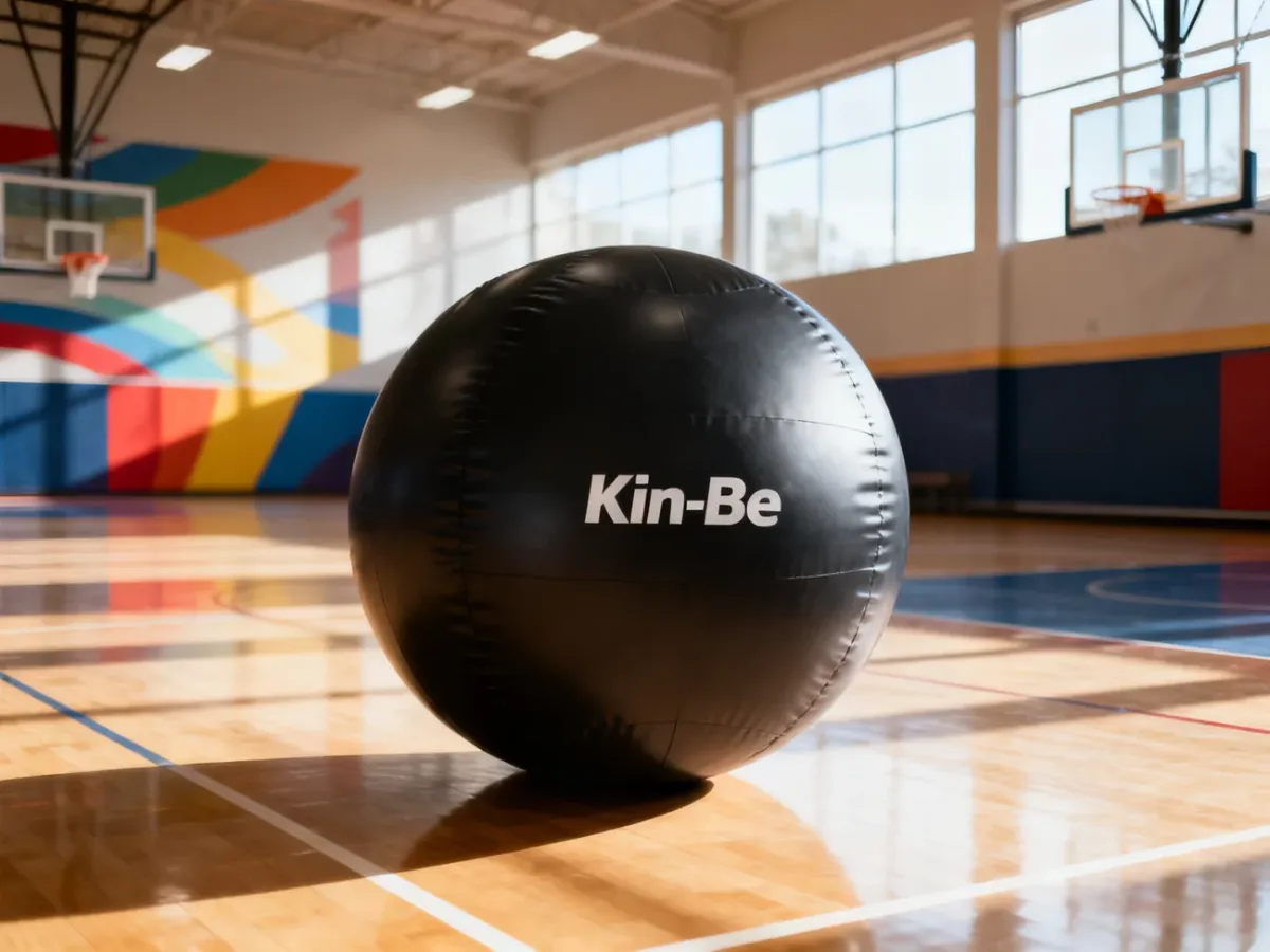 Wielka czarna piłka do gry w Kin-Ball spoczywająca na parkiecie hali sportowej.